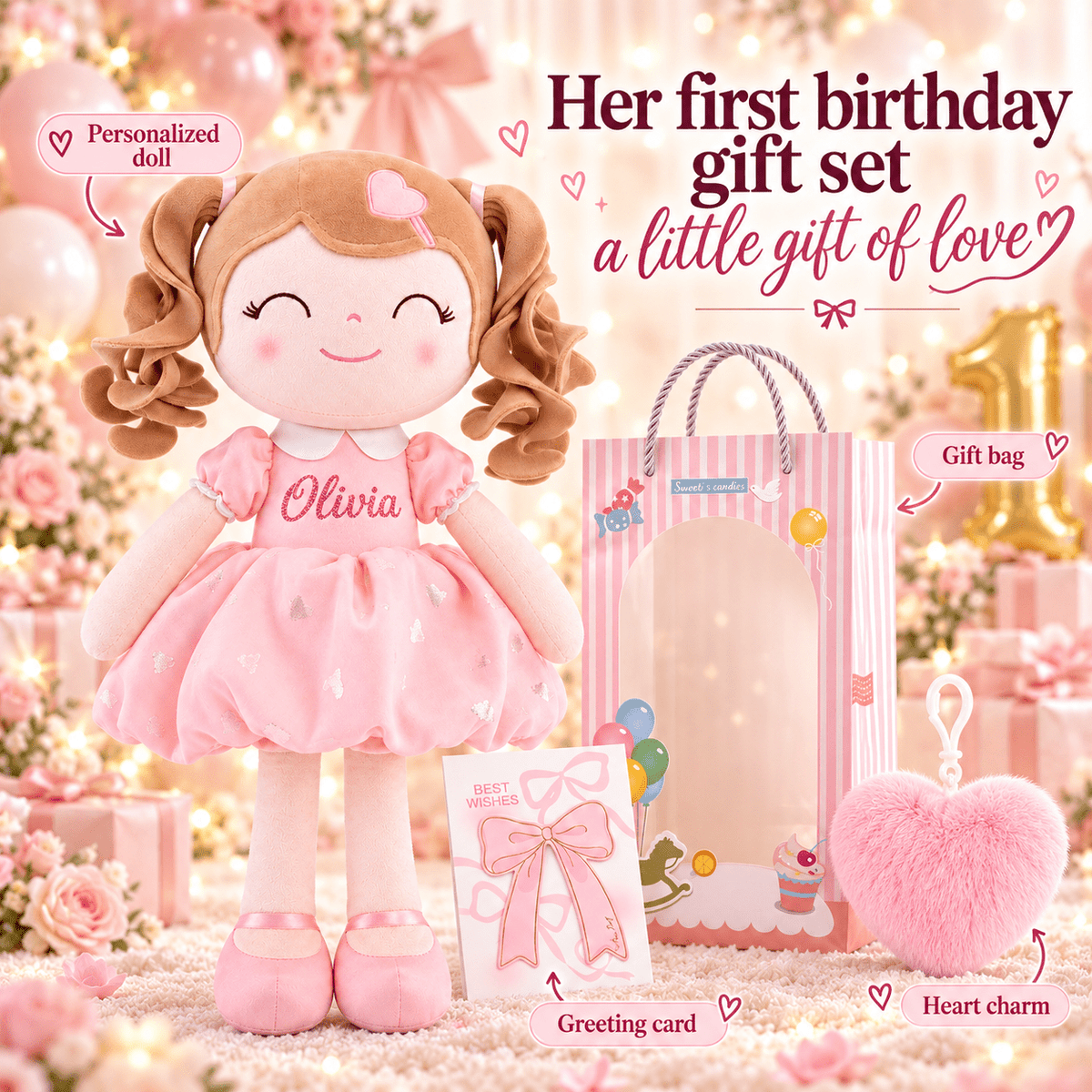 Gloveleya Personalized Curly Hair Princess Plush Doll – 16-Inch Pink - Gloveleya Official