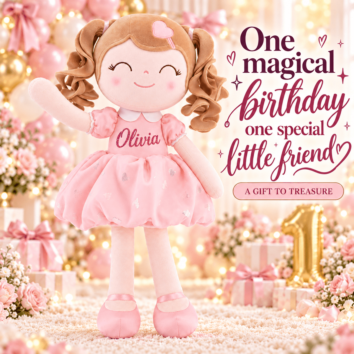 Gloveleya Personalized Curly Hair Princess Plush Doll – 16-Inch Pink - Gloveleya Official