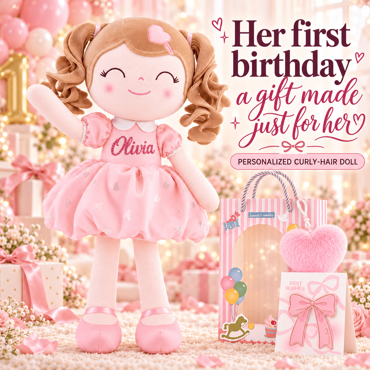 Gloveleya Personalized Curly Hair Princess Plush Doll – 16-Inch Pink - Gloveleya Official