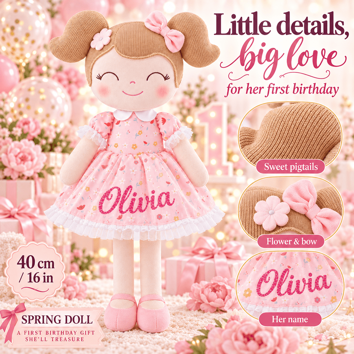 Gloveleya Personalized Flower Fairy Doll – 16-Inch Garden Pink - Gloveleya Official