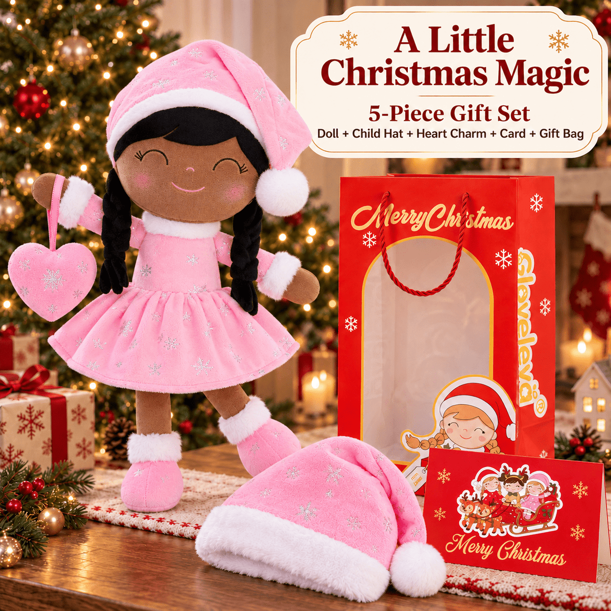 Gloveleya Pink Christmas Doll Gift Set – Brown Skin – 5 Pieces - Gloveleya Official