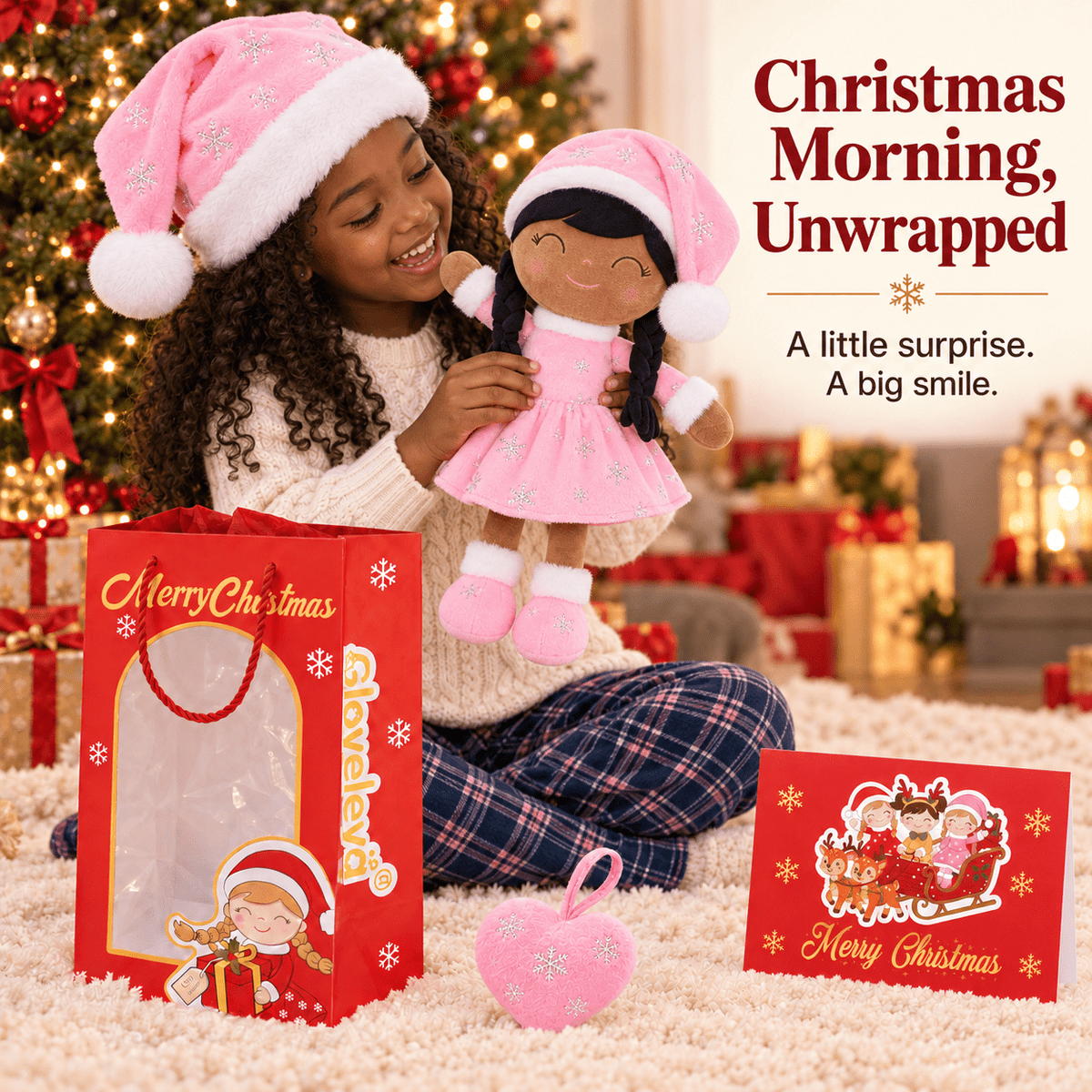 Gloveleya Pink Christmas Doll Gift Set – Brown Skin – 5 Pieces - Gloveleya Official