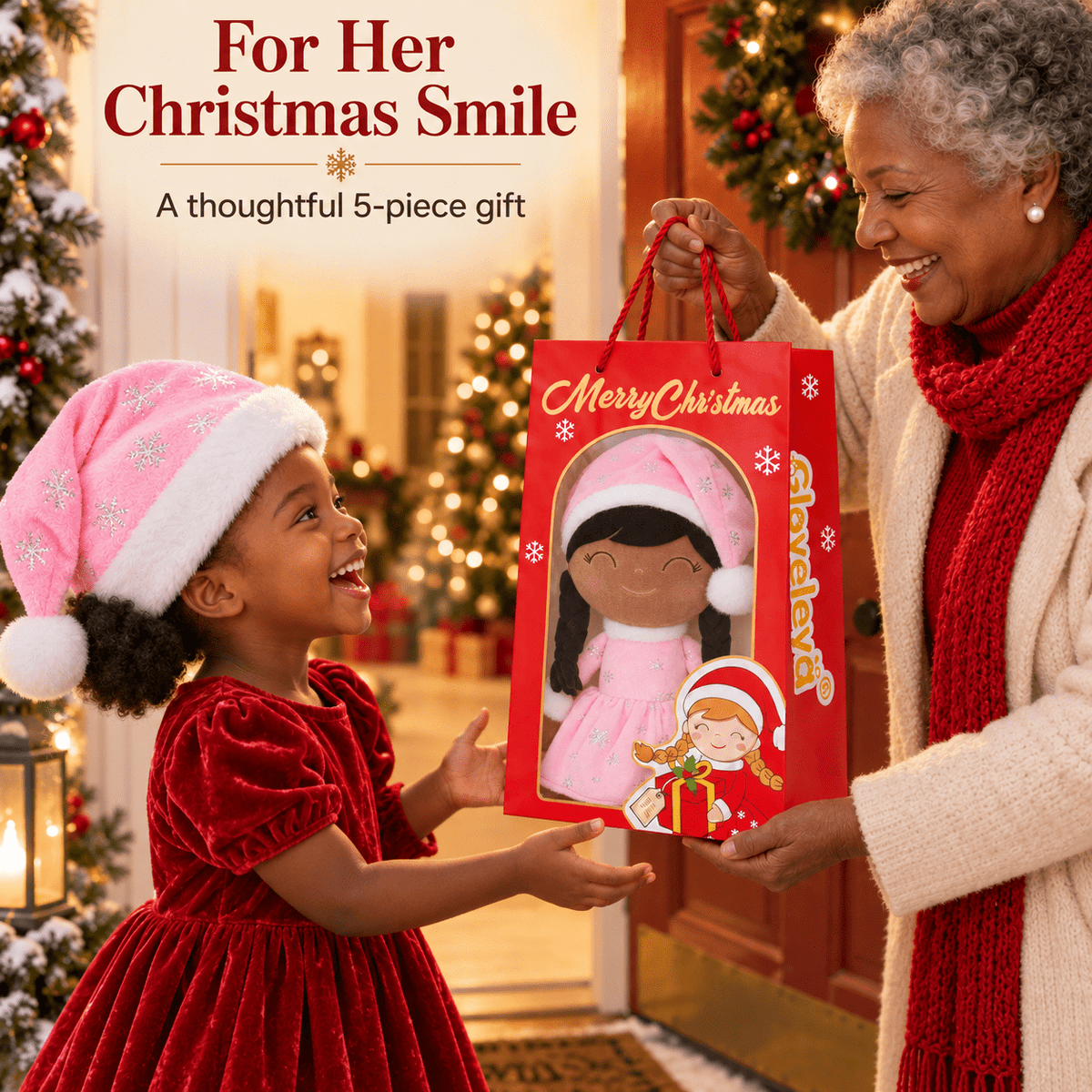 Gloveleya Pink Christmas Doll Gift Set – Brown Skin – 5 Pieces - Gloveleya Official