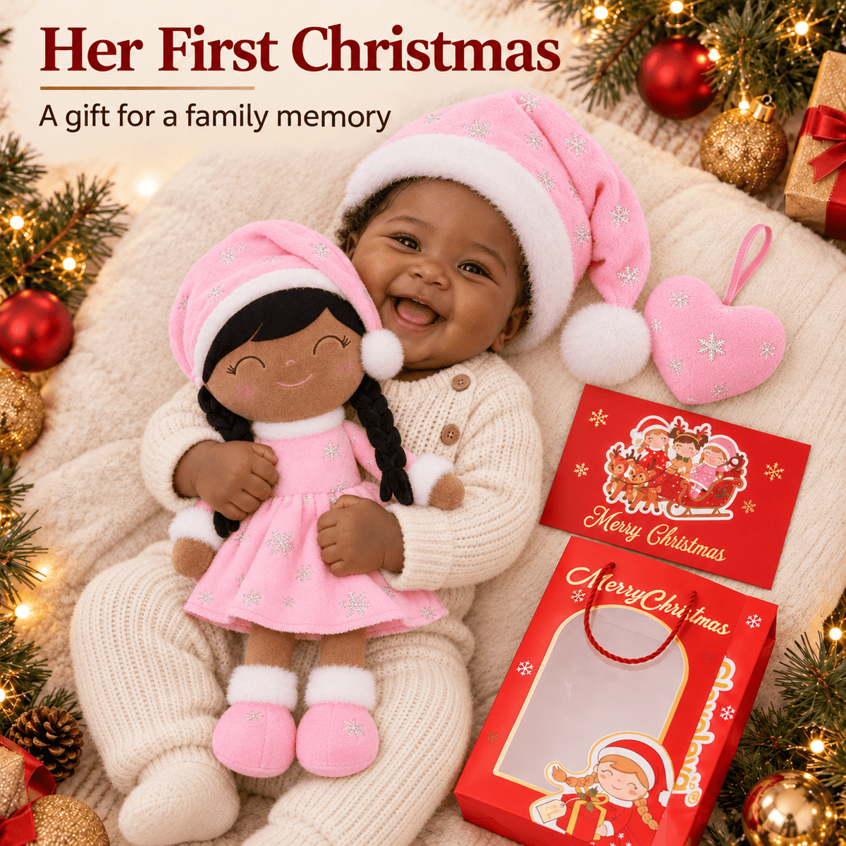 Gloveleya Pink Christmas Doll Gift Set – Brown Skin – 5 Pieces - Gloveleya Official