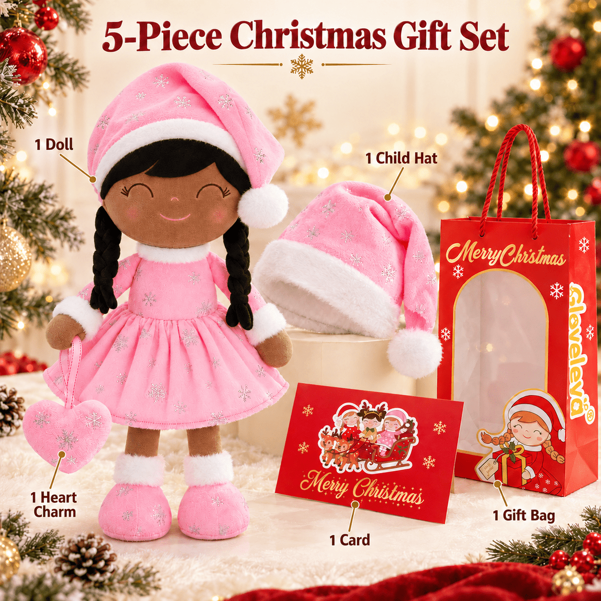Gloveleya Pink Christmas Doll Gift Set – Brown Skin – 5 Pieces - Gloveleya Official