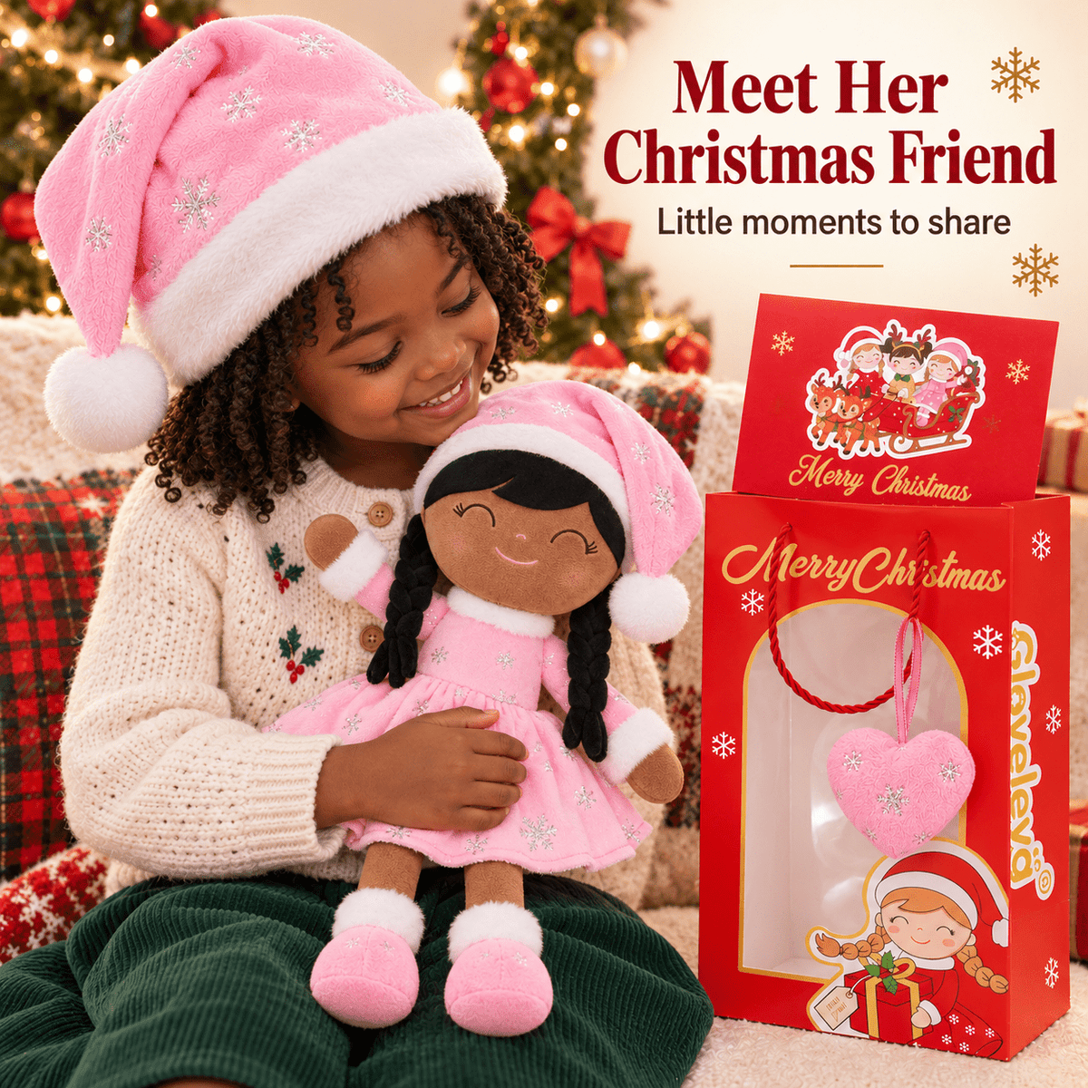 Gloveleya Pink Christmas Doll Gift Set – Brown Skin – 5 Pieces - Gloveleya Official