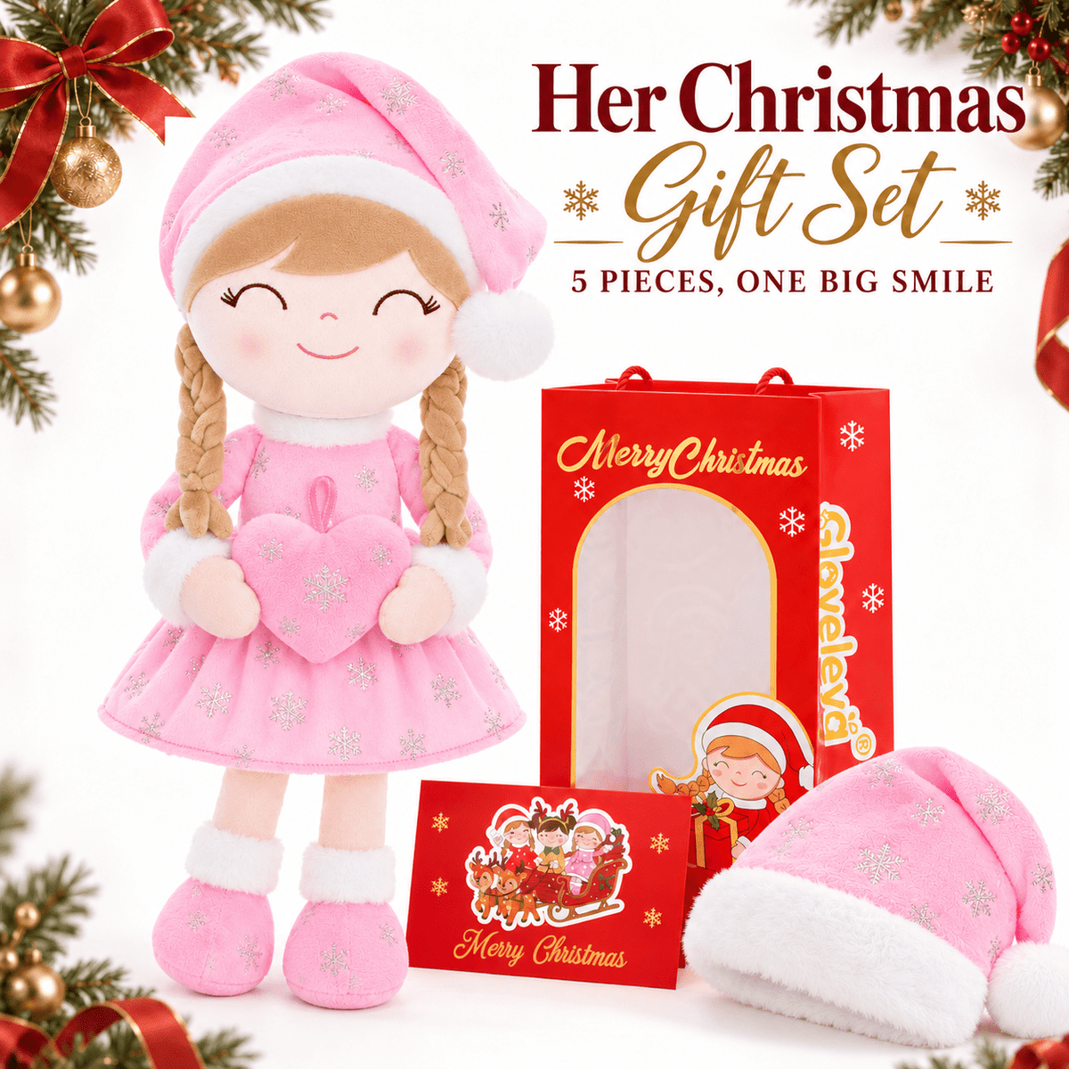 Gloveleya Pink Christmas Doll Gift Set – Light Skin – 5 Pieces - Gloveleya Official