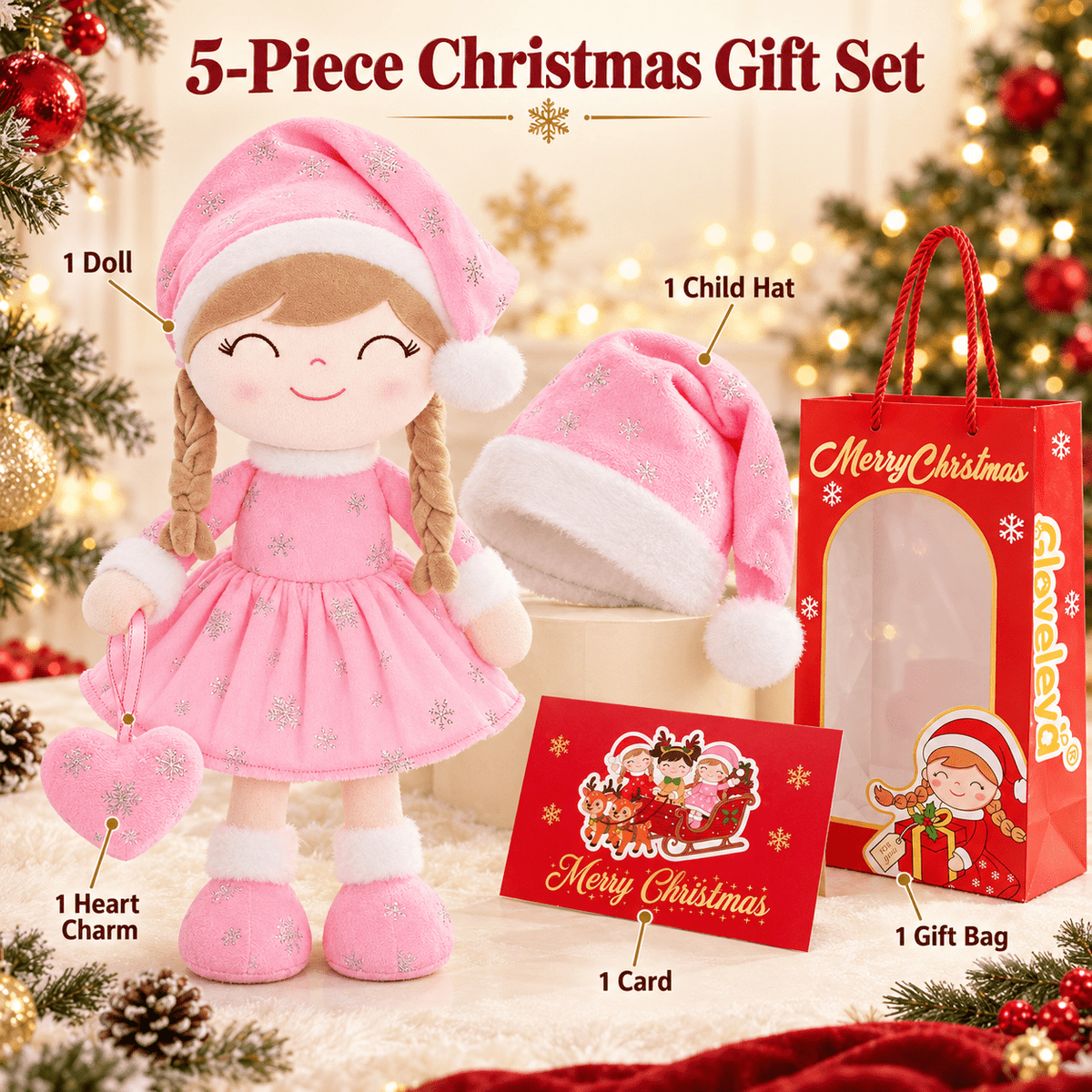 Gloveleya Pink Christmas Doll Gift Set – Light Skin – 5 Pieces - Gloveleya Official