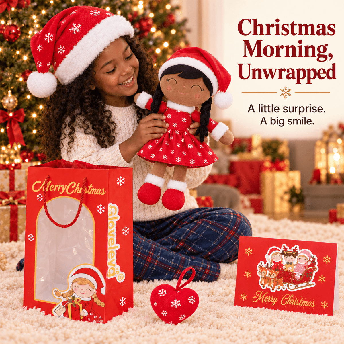 Gloveleya Red Christmas Doll Gift Set – Brown Skin – 5 Pieces - Gloveleya Official