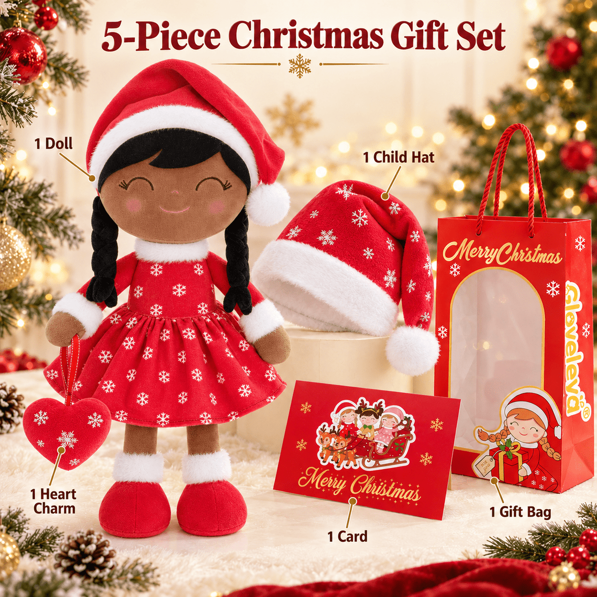 Gloveleya Red Christmas Doll Gift Set – Brown Skin – 5 Pieces - Gloveleya Official