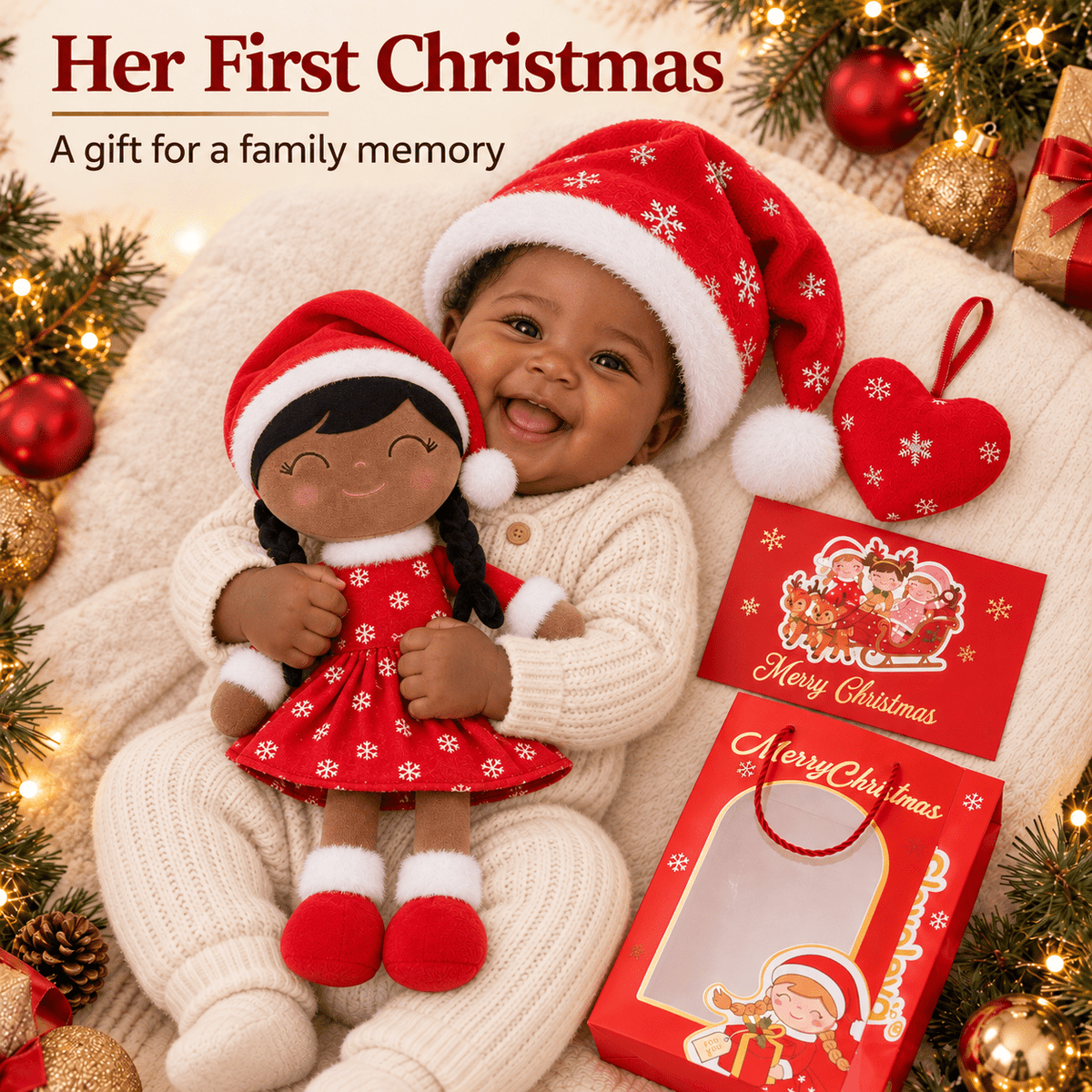 Gloveleya Red Christmas Doll Gift Set – Brown Skin – 5 Pieces - Gloveleya Official