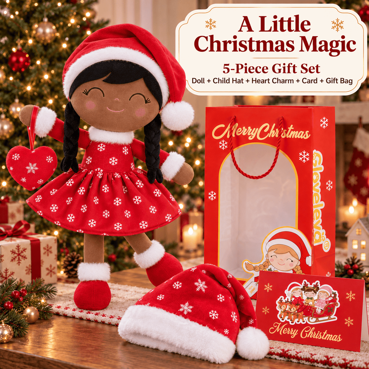 Gloveleya Red Christmas Doll Gift Set – Brown Skin – 5 Pieces - Gloveleya Official