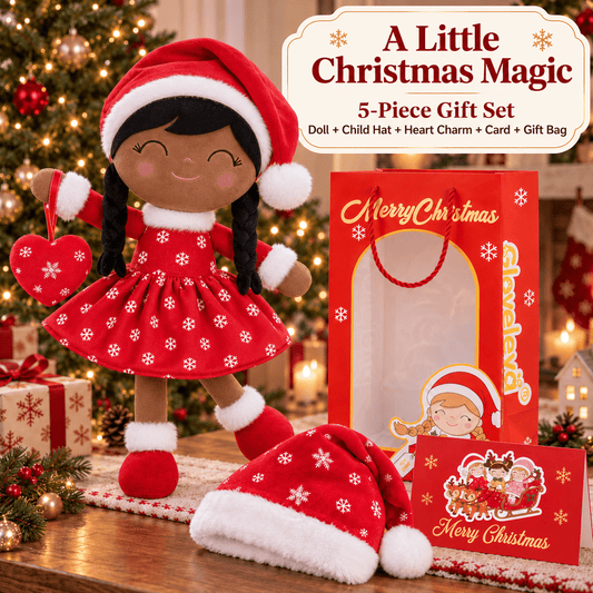Gloveleya Red Christmas Doll Gift Set – Brown Skin – 5 Pieces - Gloveleya Official