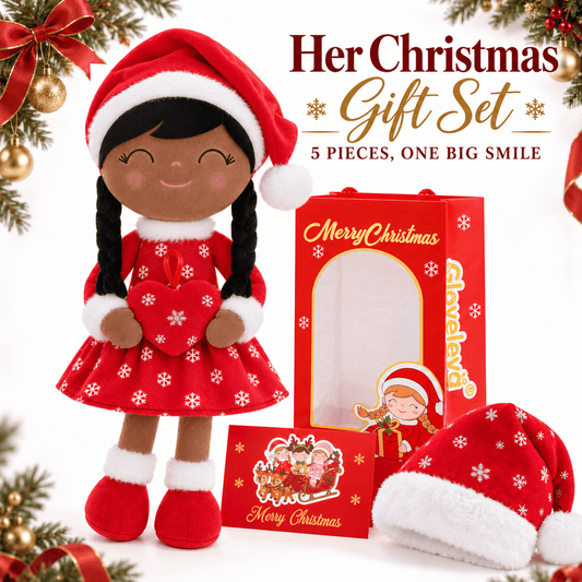 Gloveleya Red Christmas Doll Gift Set – Brown Skin – 5 Pieces - Gloveleya Official