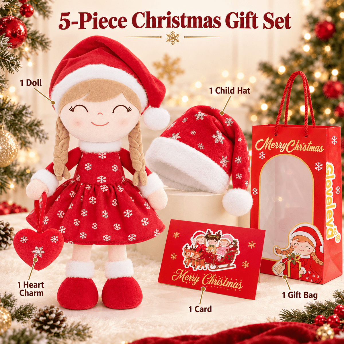 Gloveleya Red Christmas Doll Gift Set – Light Skin – 5 Pieces - Gloveleya Official