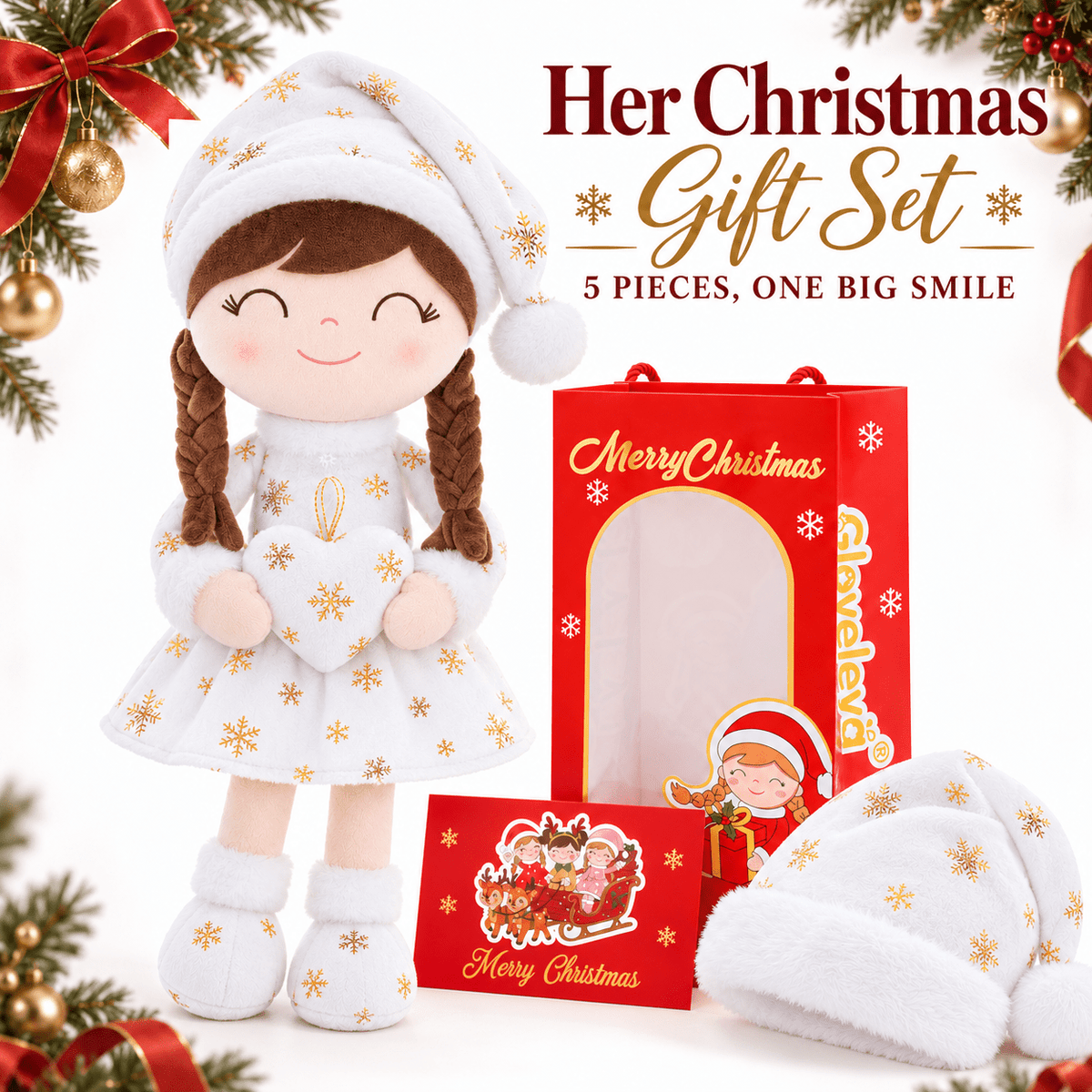 Gloveleya White & Gold Christmas Doll Gift Set – 5 Pieces - Gloveleya Official