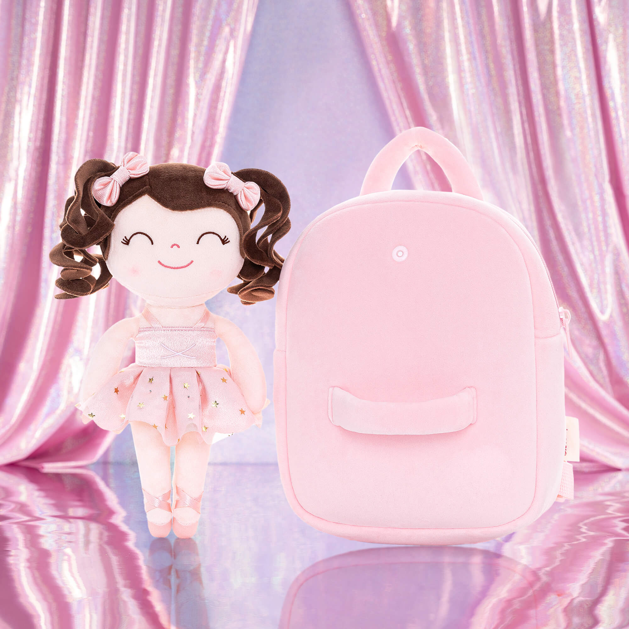 Gloveleya 9-inch Personalized Plush Curly Ballet Girl Dolls Backpack Champagne Pink Ballet Dream