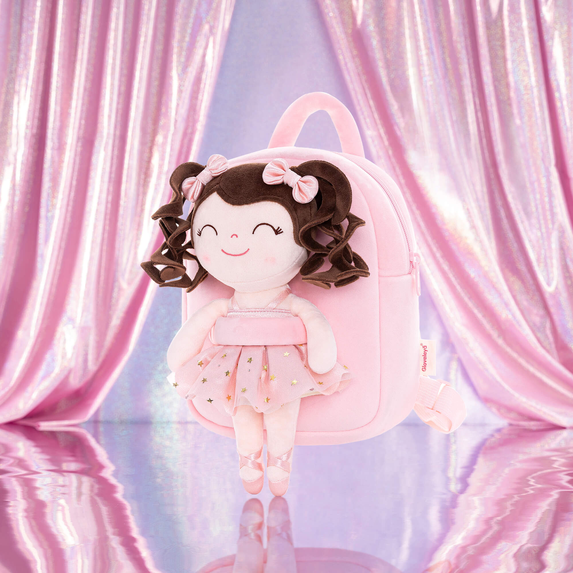 Gloveleya 9-inch Personalized Plush Curly Ballet Girl Dolls Backpack Champagne Pink Ballet Dream