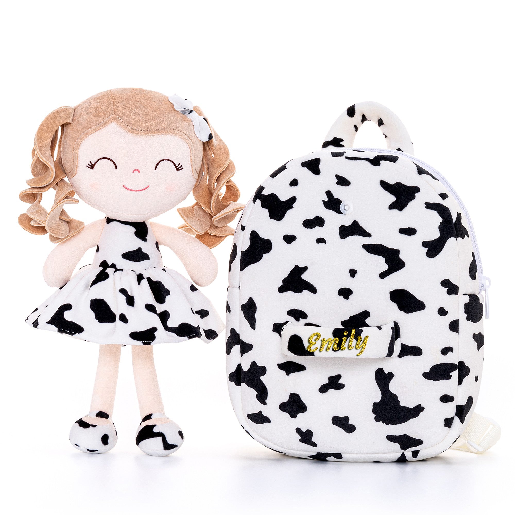 Gloveleya 9-inch Personalized Plush Curly Animal Dolls Backpack Cow