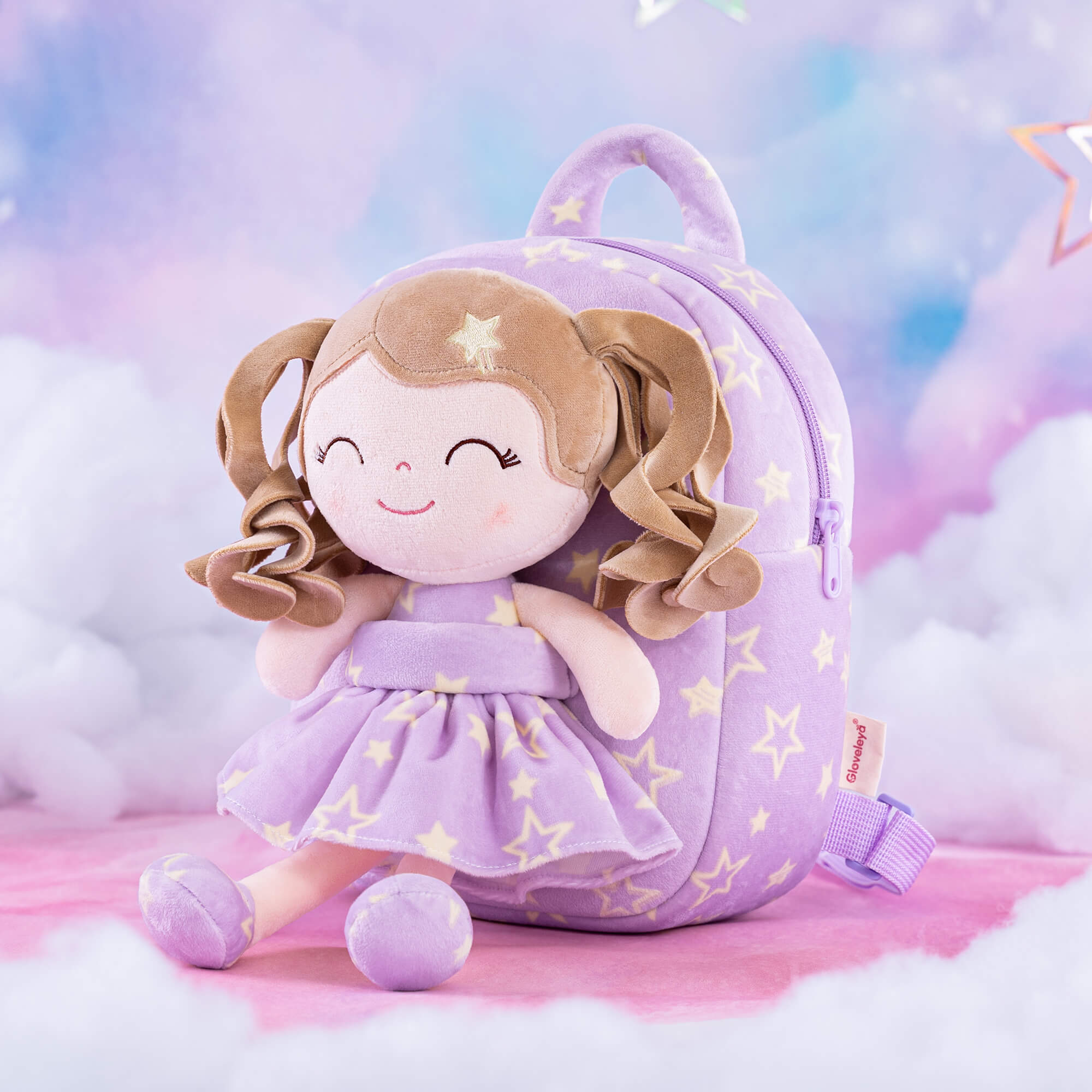 Gloveleya 9-inch Personalized Plush Curly Star Dolls Backpack Purple