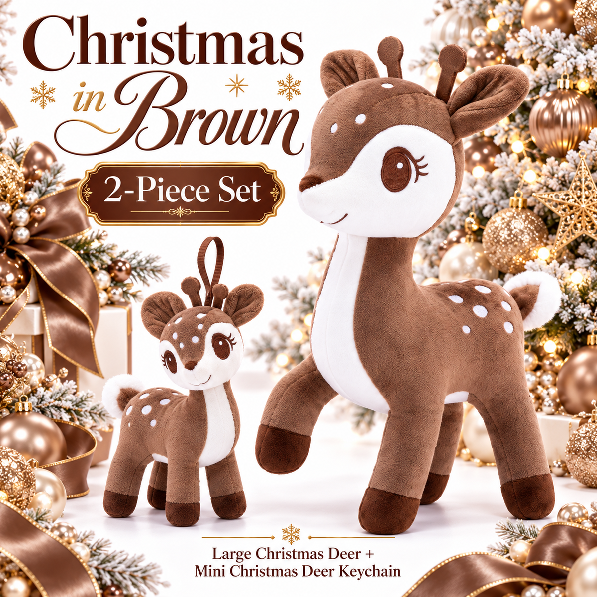 Lazada Dark Brown deer plush and mini keychain two-piece set — Christmas display