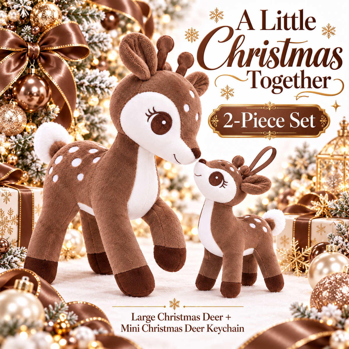 Lazada Dark Brown deer plush and mini keychain two-piece set — nose-to-nose pose