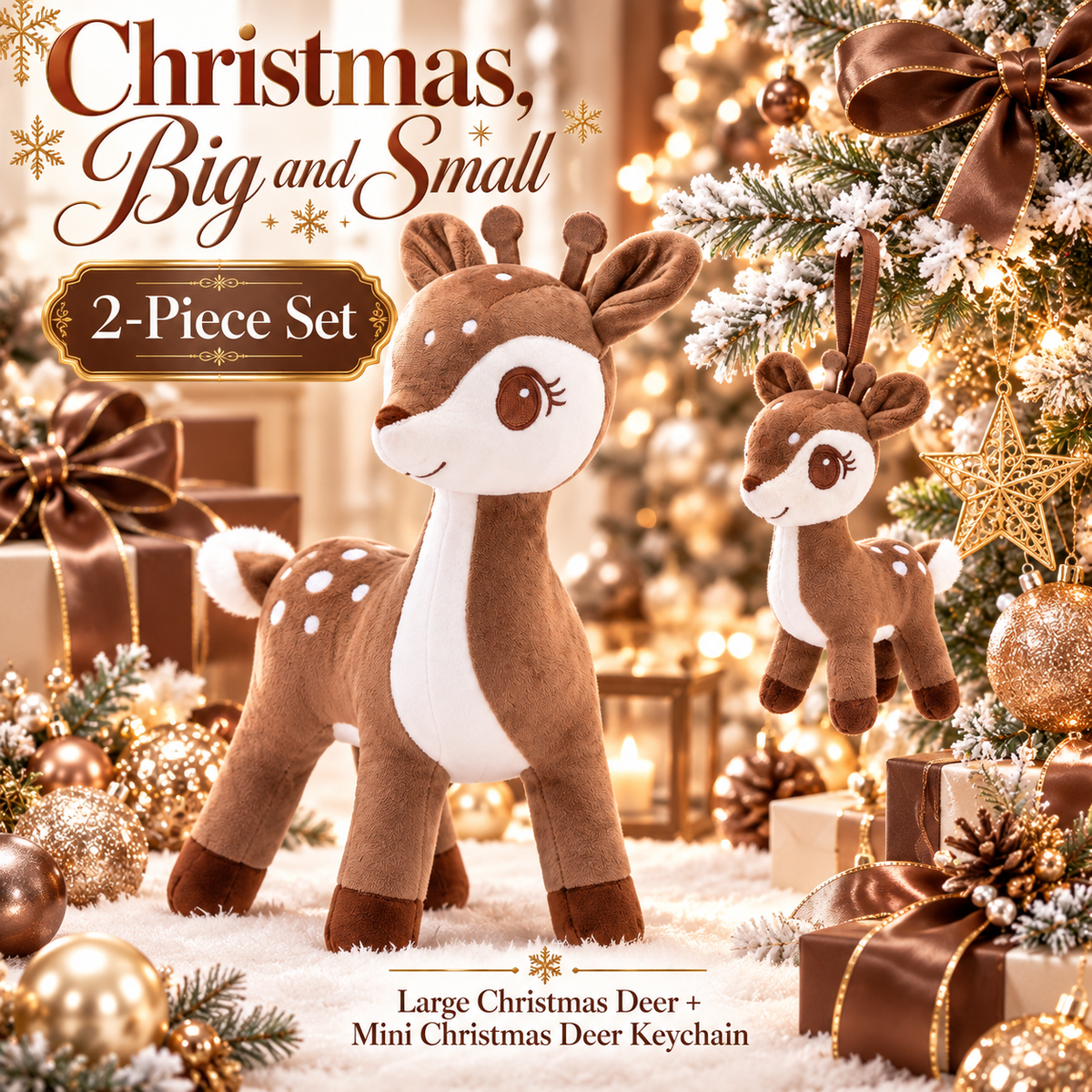 Lazada Dark Brown deer plush and mini keychain two-piece set — Christmas tree styling