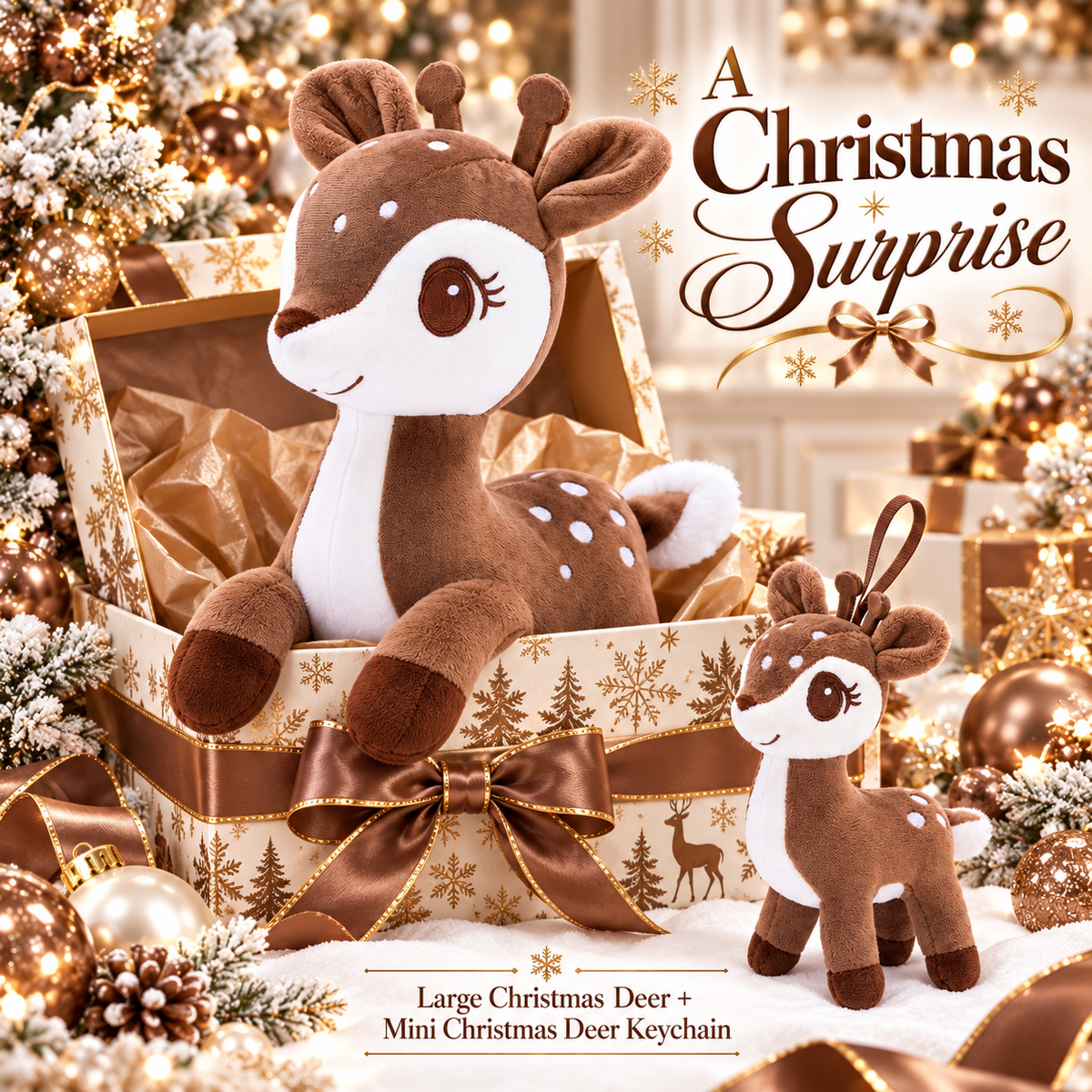 Lazada Dark Brown deer plush and mini keychain two-piece set — gift box scene (props not included)
