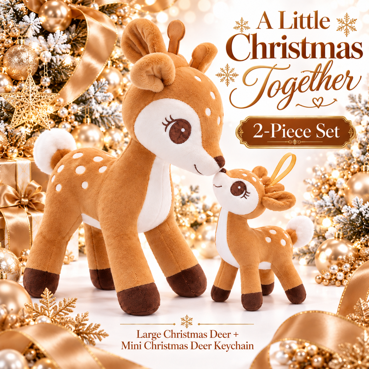 Lazada Light Brown deer plush and mini keychain two-piece set — nose-to-nose pose