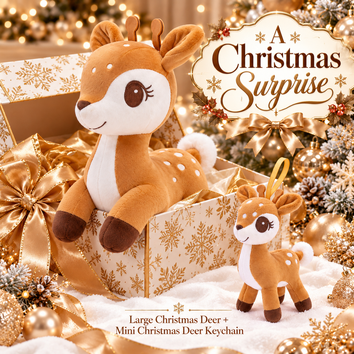 Lazada Light Brown deer plush and mini keychain two-piece set — gift box scene (props not included)