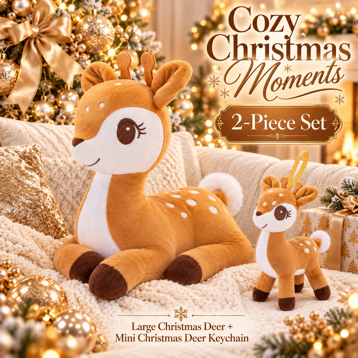 Lazada Light Brown deer plush and mini keychain two-piece set — living room scene