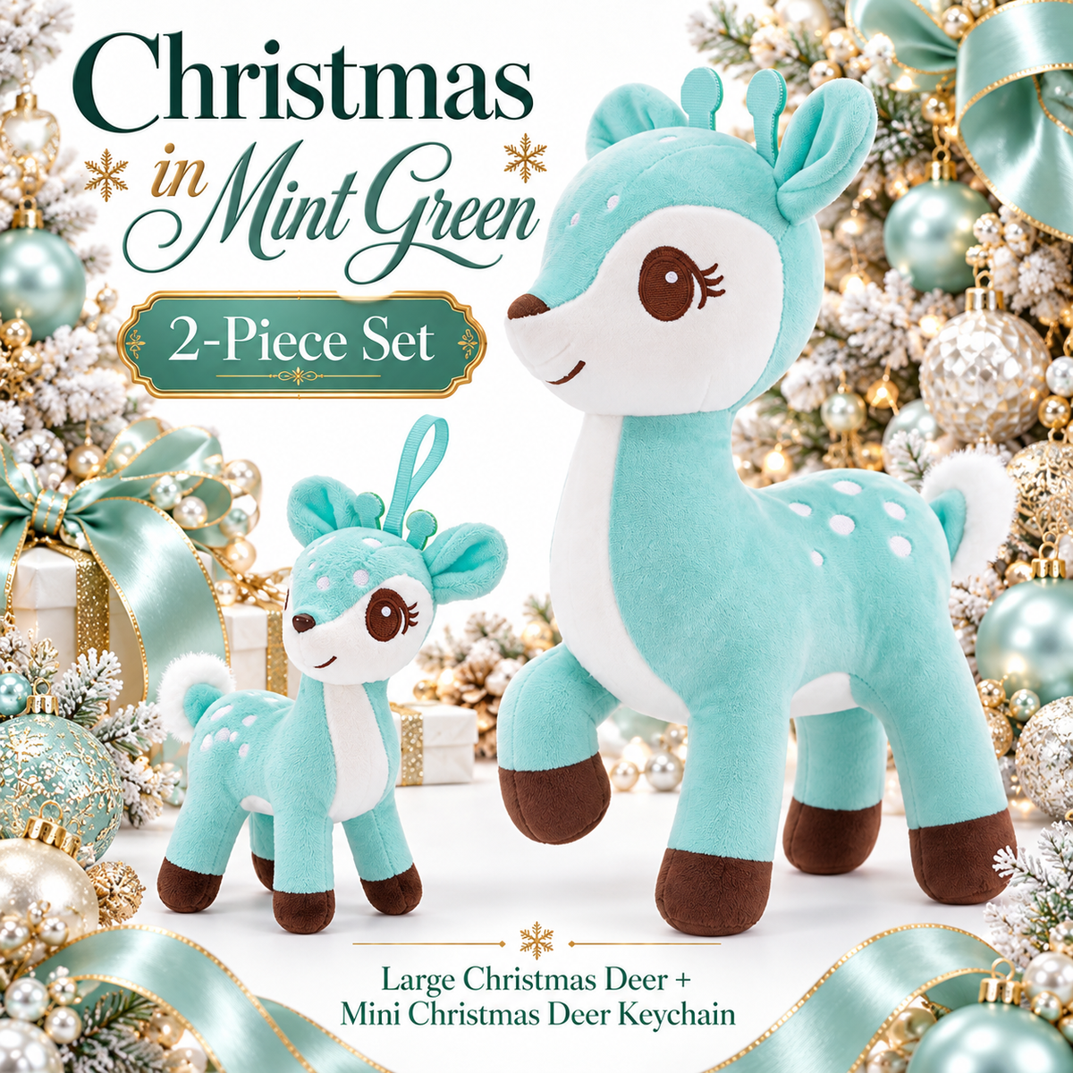 Lazada Mint Green deer plush and mini keychain two-piece set — Christmas display