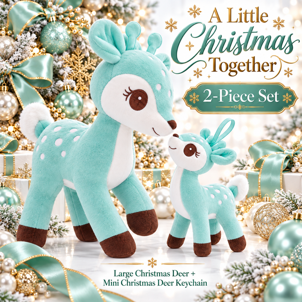 Lazada Mint Green deer plush and mini keychain two-piece set — nose-to-nose pose
