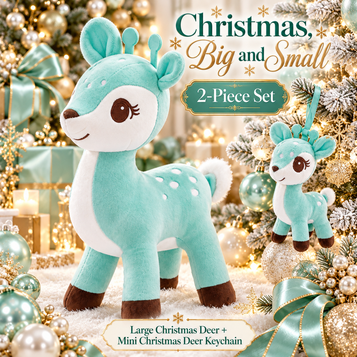 Lazada Mint Green deer plush and mini keychain two-piece set — Christmas tree styling