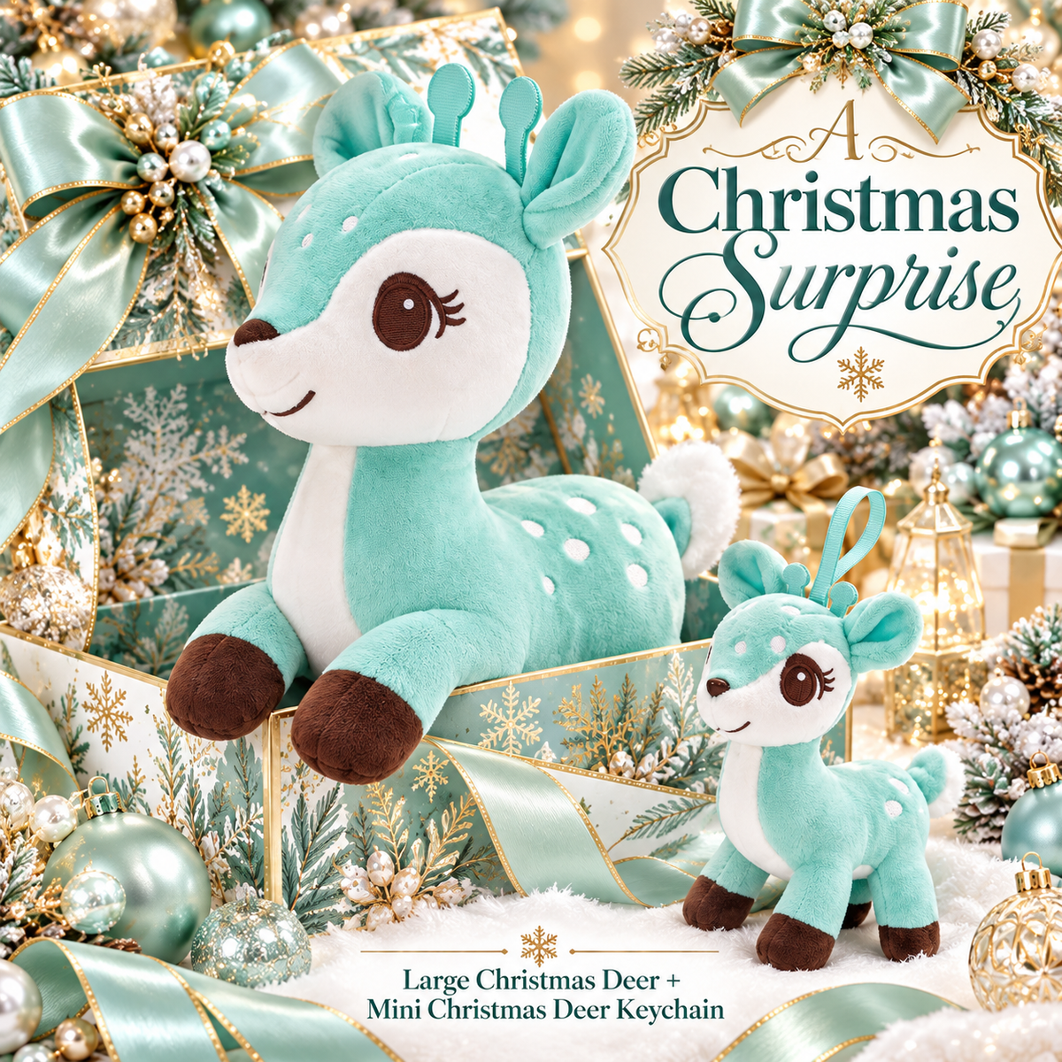 Lazada Mint Green deer plush and mini keychain two-piece set — gift box scene (props not included)