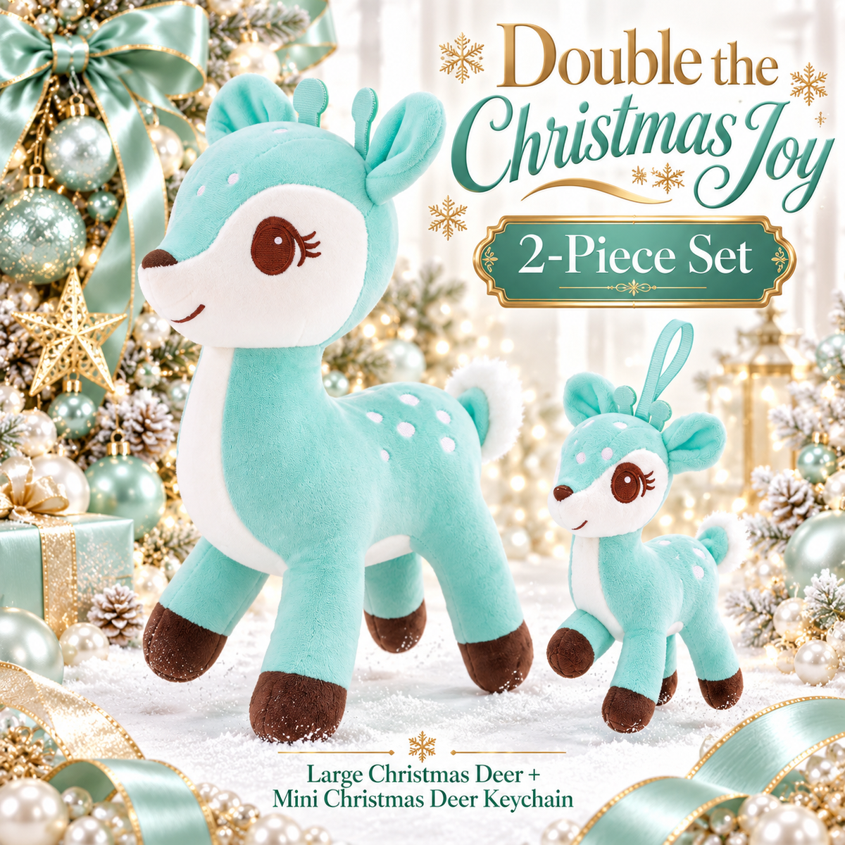 Lazada Mint Green deer plush and mini keychain two-piece set — playful pose