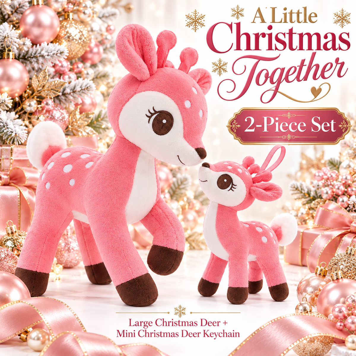 Lazada Pink deer plush and mini keychain two-piece set — nose-to-nose pose
