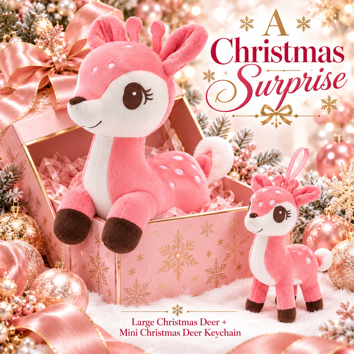 Lazada Pink deer plush and mini keychain two-piece set — gift box scene (props not included)