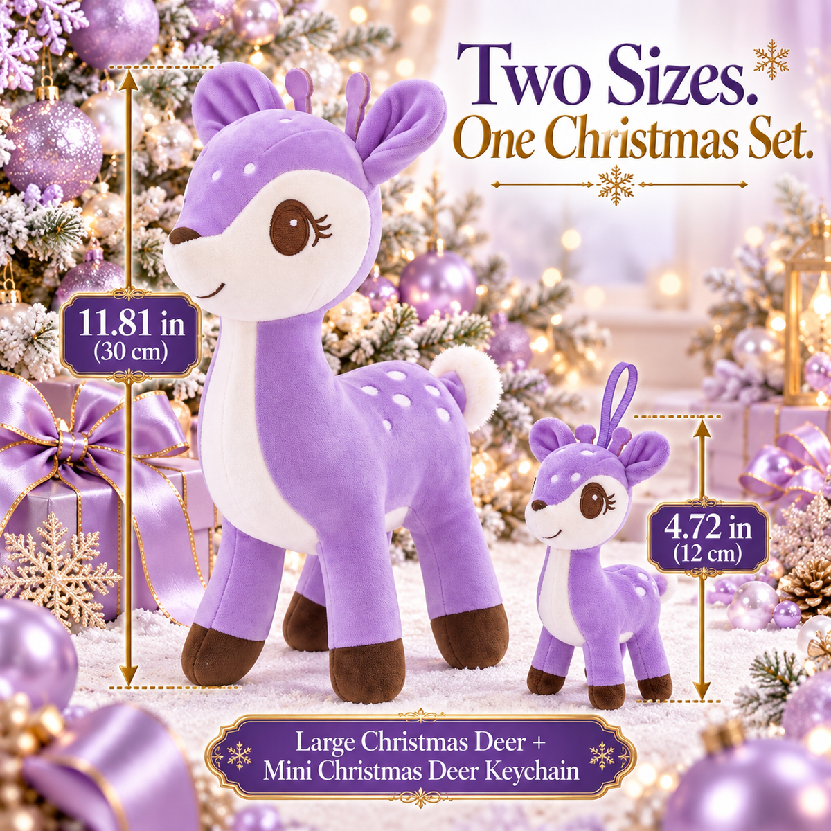 Lazada Purple deer plush and mini keychain two-piece set — size guide
