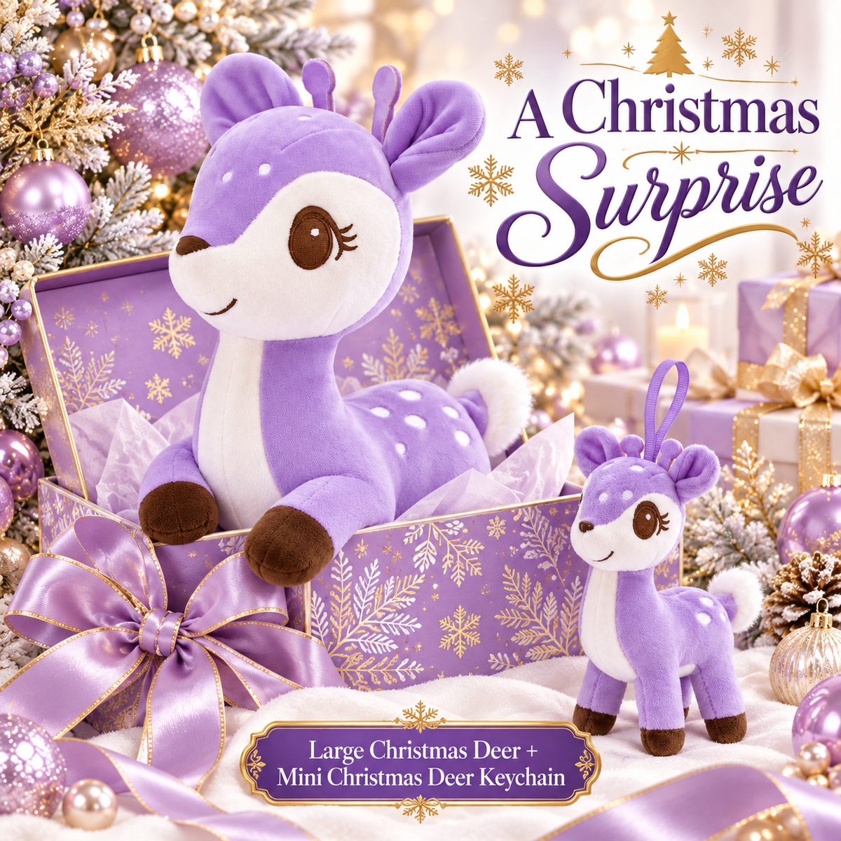Lazada Purple deer plush and mini keychain two-piece set — gift box scene (props not included)