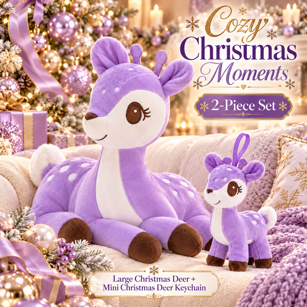 Lazada Purple deer plush and mini keychain two-piece set — living room scene