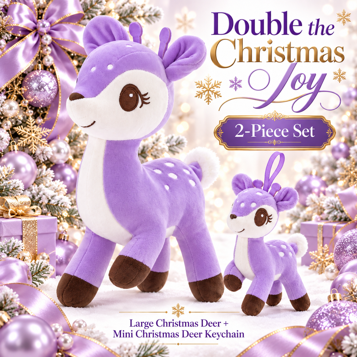 Lazada Purple deer plush and mini keychain two-piece set — playful pose