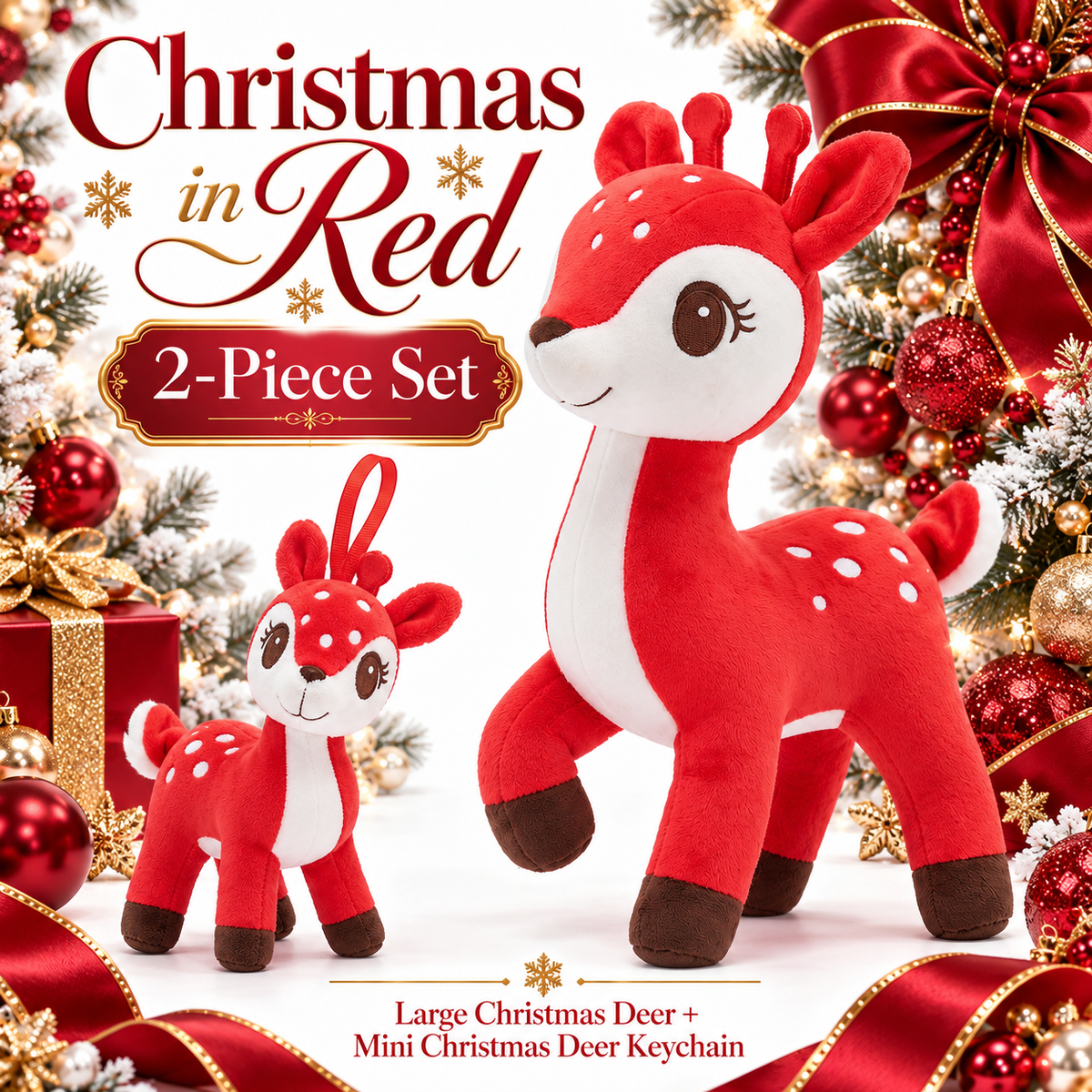 Lazada Red deer plush and mini keychain two-piece set — Christmas display