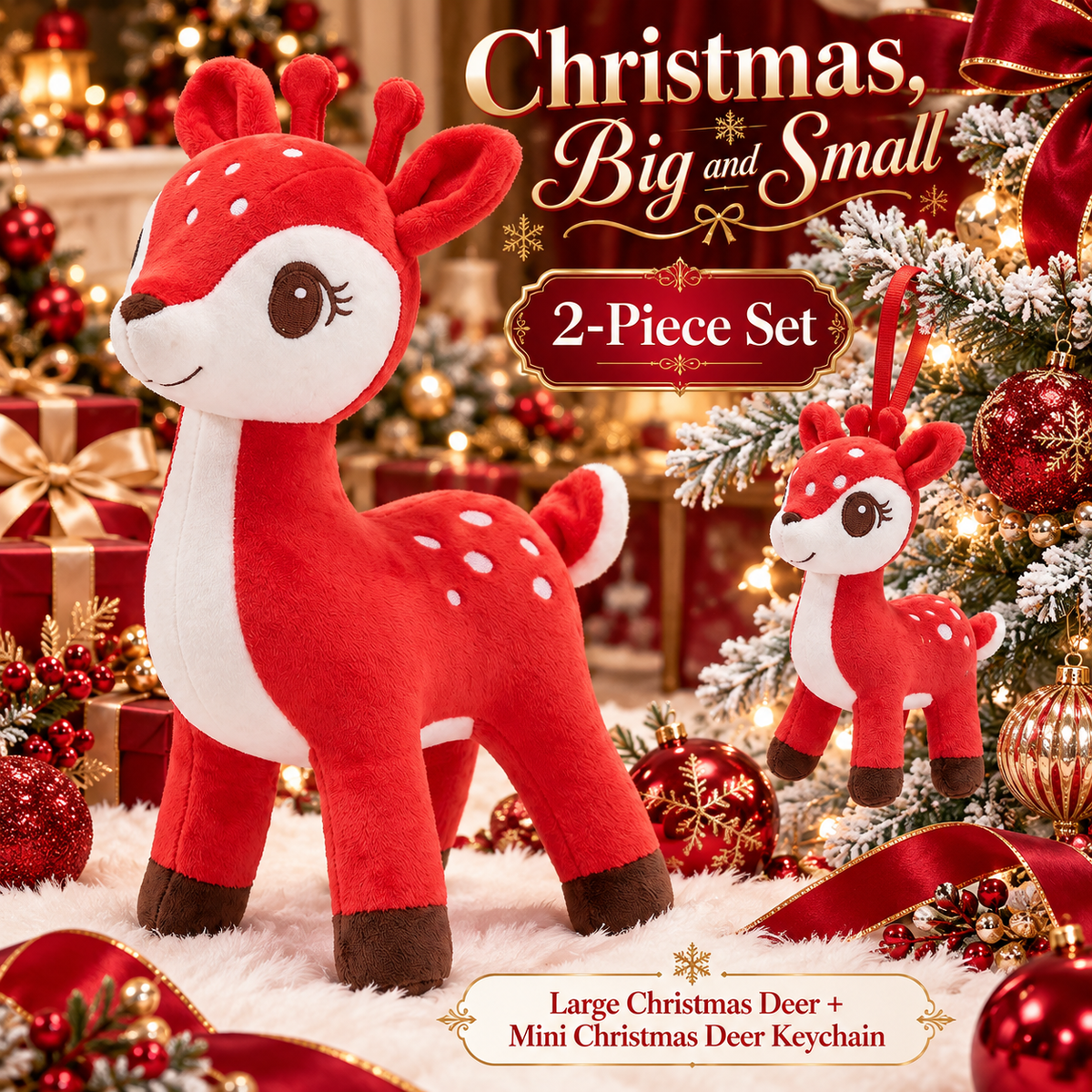 Lazada Red deer plush and mini keychain two-piece set — Christmas tree styling