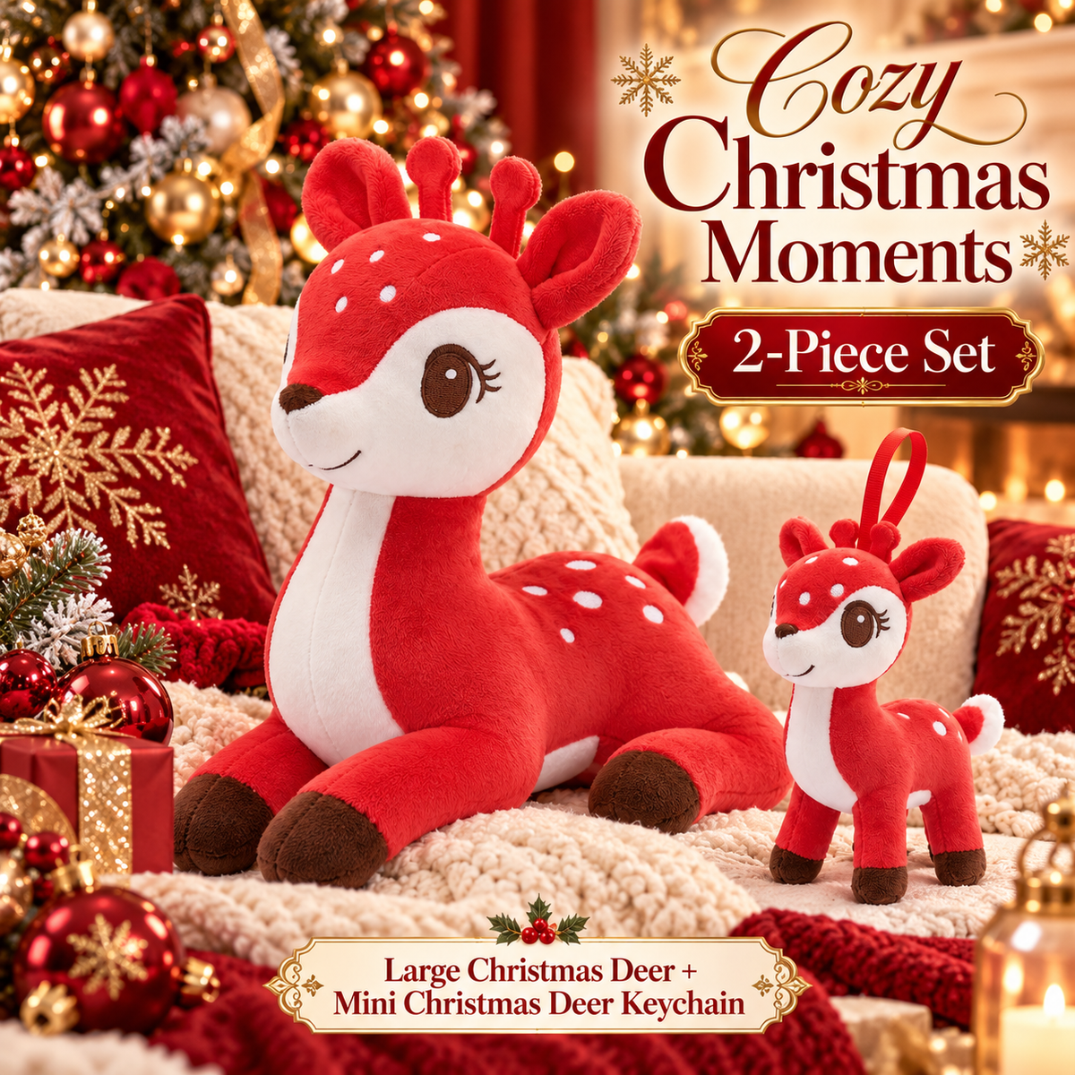 Lazada Red deer plush and mini keychain two-piece set — living room scene