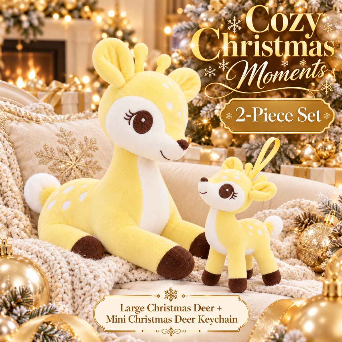 Lazada Yellow deer plush and mini keychain two-piece set — living room scene