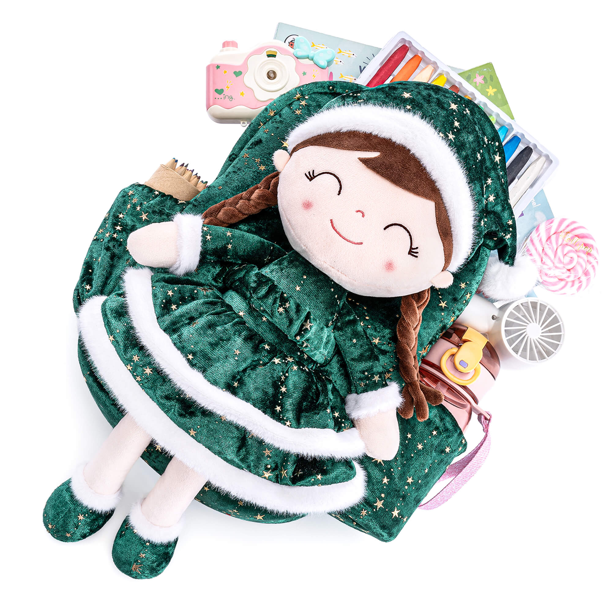 (Non - Personalized) Gloveleya 9 - inch Christmas Santa Doll Backpacks Green - Gloveleya Official