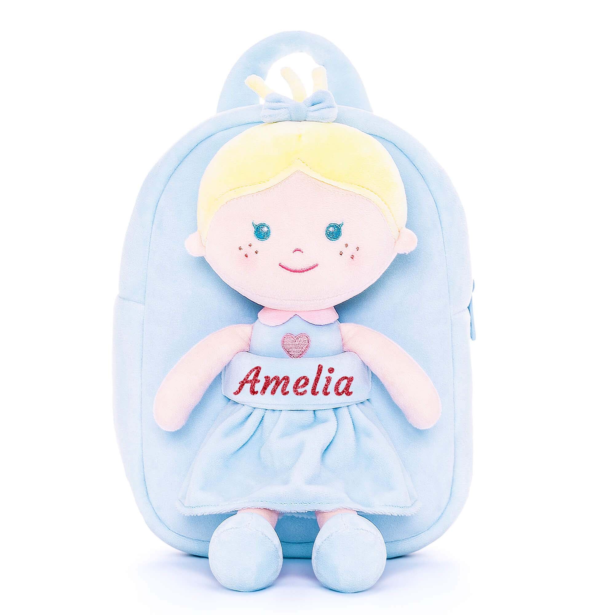 Mochilas personalizadas para niñas de 9 pulgadas de Onetoo, regalo para niñas, mochila para muñecas, falda con corazón azul