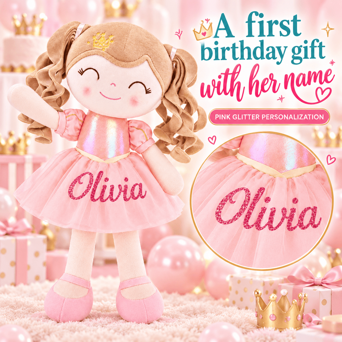Personalized 16-inch Gloveleya Crown Princess Doll – Custom Pink Princess - Gloveleya Official