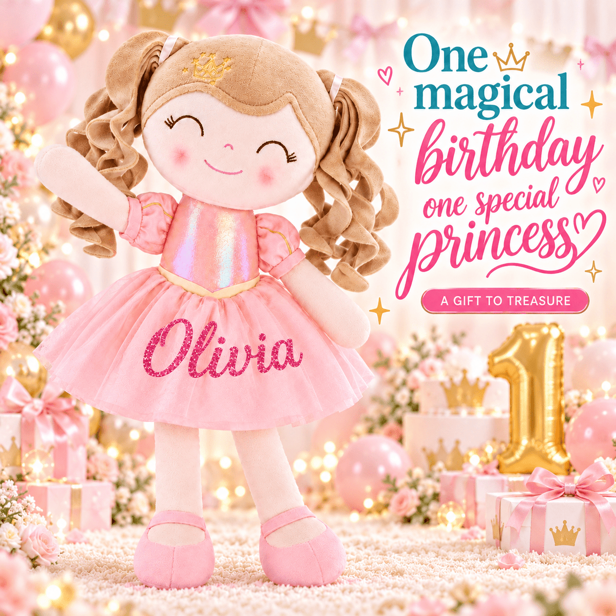 Personalized 16-inch Gloveleya Crown Princess Doll – Custom Pink Princess - Gloveleya Official